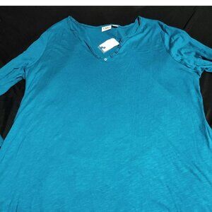 22/24W Cato L/S Button V Neck T Shirt Teal Top 3x 22 24 Destroyed Hem Collar